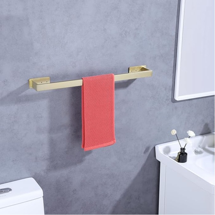 Brushed Gold Bath Towel Bars 24-Inch Self-Adhesive Towel Bar for Bathroom Wall Mounted and No Drilling Towel Rack, Sticky on Bathroom Towel Holder Stainless Steel 2 Pack, GM-A8310BG-L6P2