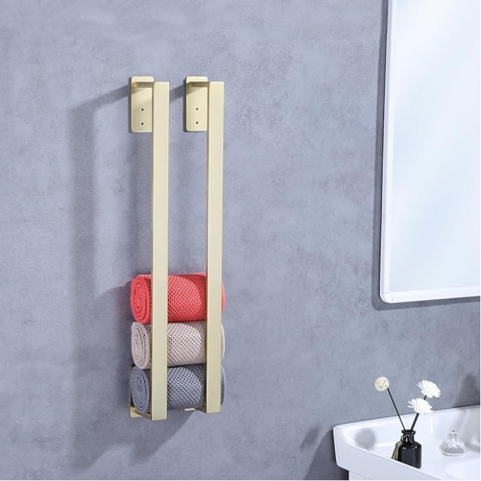 Brushed Gold Bath Towel Bars 24-Inch Self-Adhesive Towel Bar for Bathroom Wall Mounted and No Drilling Towel Rack, Sticky on Bathroom Towel Holder Stainless Steel 2 Pack, GM-A8310BG-L6P2