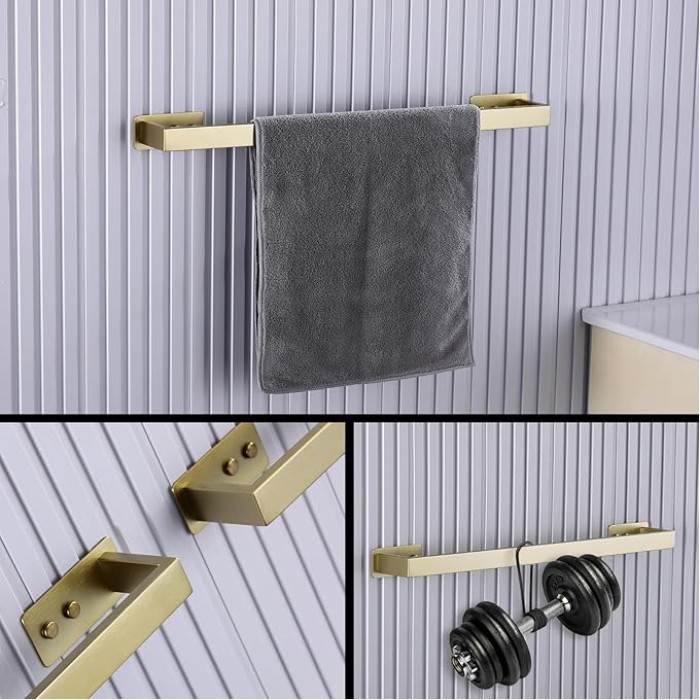 Brushed Gold Bath Towel Bars 24-Inch Self-Adhesive Towel Bar for Bathroom Wall Mounted and No Drilling Towel Rack, Sticky on Bathroom Towel Holder Stainless Steel 2 Pack, GM-A8310BG-L6P2