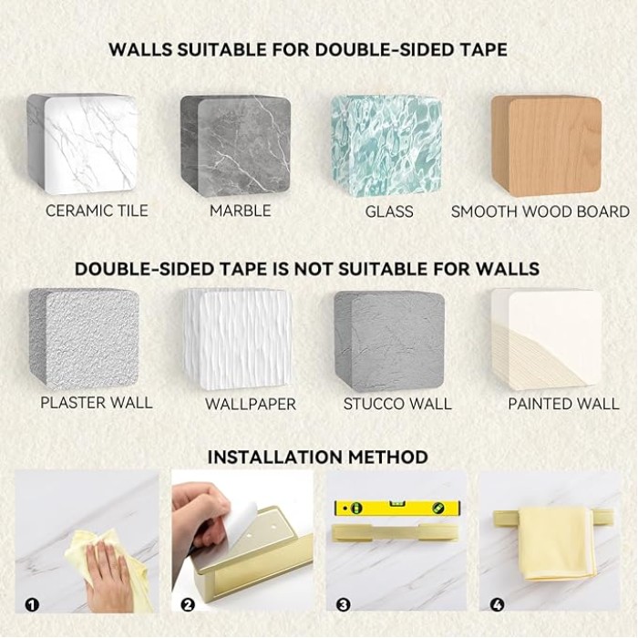Brushed Gold Bath Towel Bars 24-Inch Self-Adhesive Towel Bar for Bathroom Wall Mounted and No Drilling Towel Rack, Sticky on Bathroom Towel Holder Stainless Steel 2 Pack, GM-A8310BG-L6P2