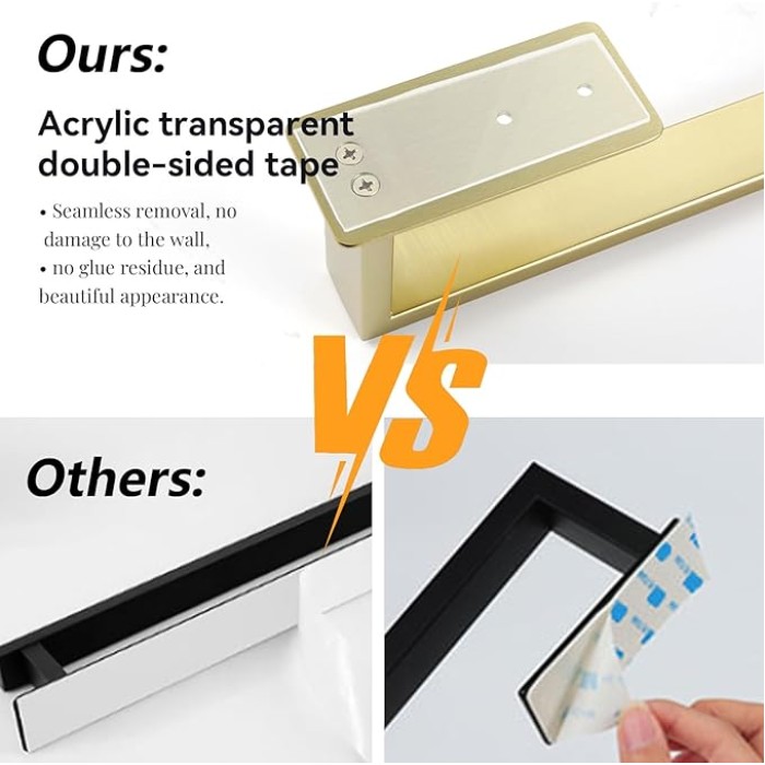 Brushed Gold Bath Towel Bars 24-Inch Self-Adhesive Towel Bar for Bathroom Wall Mounted and No Drilling Towel Rack, Sticky on Bathroom Towel Holder Stainless Steel 2 Pack, GM-A8310BG-L6P2