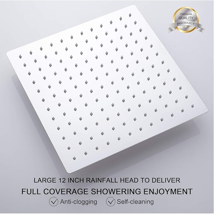 Rain Shower Head 12 Inch High Flow Large 304 Stainless Steel Rainfall Shower Heads Waterfall Bathroom Square Solid Showerhead with 144 Silicone Nozzles (Chrome Finish)