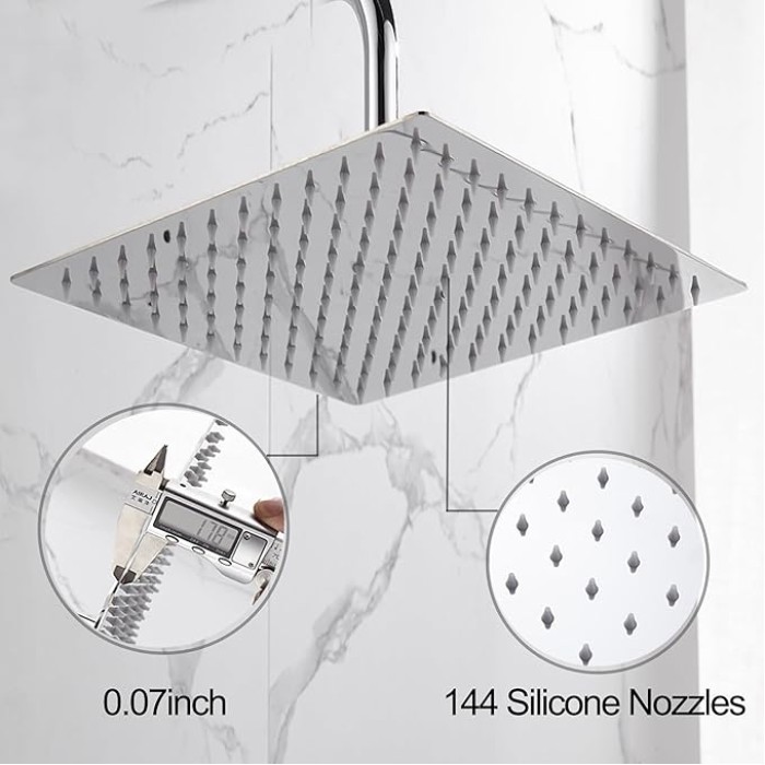 Rain Shower Head 12 Inch High Flow Large 304 Stainless Steel Rainfall Shower Heads Waterfall Bathroom Square Solid Showerhead with 144 Silicone Nozzles (Chrome Finish)