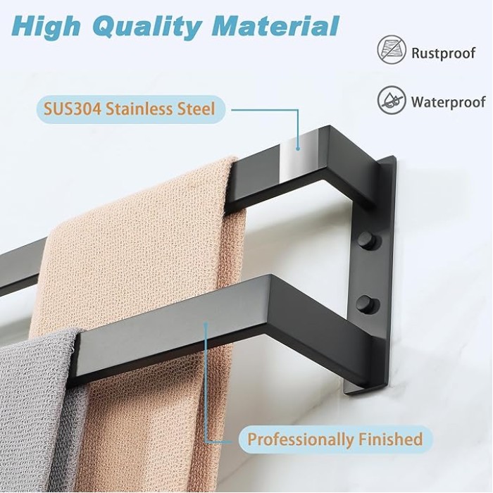 Double Towel Bar 32", SUS304 Stainless Steel Towel Racks for Bathroom Wall Mounted, Space Saving Bathroom Towel Holder, Long Towel Hanger, Matte Black