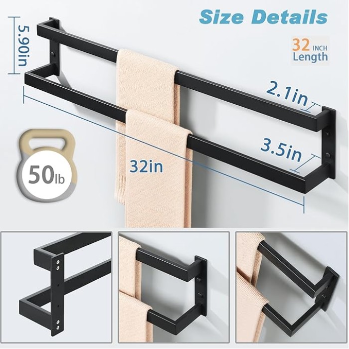 Double Towel Bar 32", SUS304 Stainless Steel Towel Racks for Bathroom Wall Mounted, Space Saving Bathroom Towel Holder, Long Towel Hanger, Matte Black