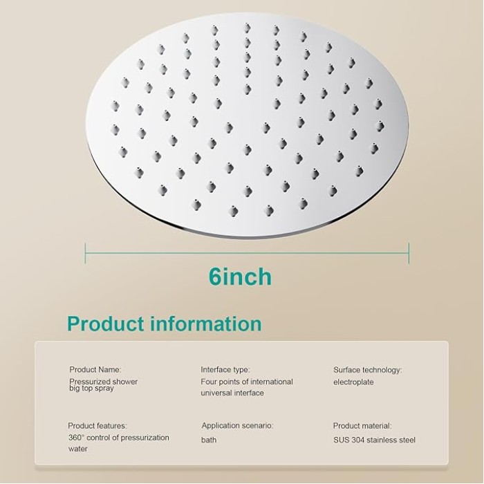 6 Inch Round Rain Shower head, High Flow Stainless Steel Rainfall Shower Head, High Pressure Design (Chrome)