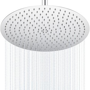 Rain Shower Head 16 Inch High Pressure Rainfall Shower Head, Ultra Thin Stainless Steel Wall/Ceiling Mount Rain Shower Panel, Round Overhead Showerhead, Polished Chrome