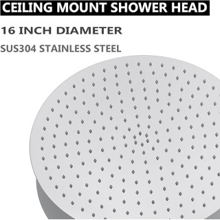 Rain Shower Head 16 Inch High Pressure Rainfall Shower Head, Ultra Thin Stainless Steel Wall/Ceiling Mount Rain Shower Panel, Round Overhead Showerhead, Polished Chrome