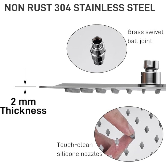 Rain Shower Head 16 Inch High Pressure Rainfall Shower Head, Ultra Thin Stainless Steel Wall/Ceiling Mount Rain Shower Panel, Round Overhead Showerhead, Polished Chrome