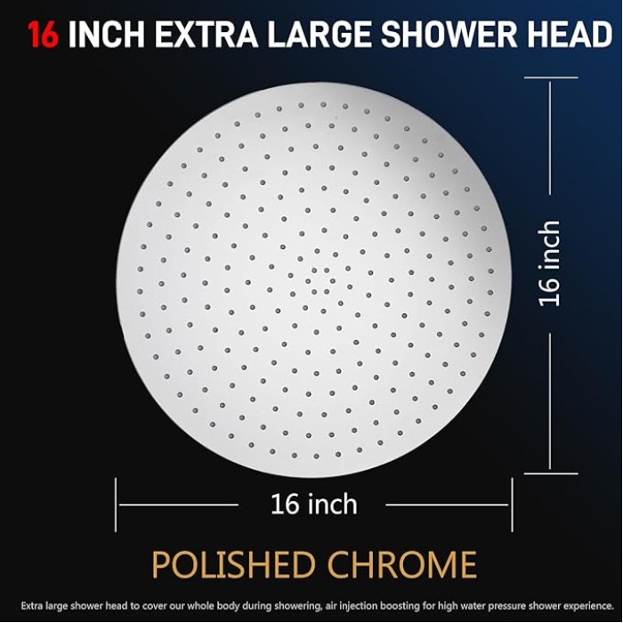 Rain Shower Head 16 Inch High Pressure Rainfall Shower Head, Ultra Thin Stainless Steel Wall/Ceiling Mount Rain Shower Panel, Round Overhead Showerhead, Polished Chrome