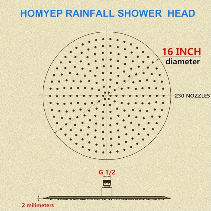 Rain Shower Head 16 Inch High Pressure Rainfall Shower Head, Ultra Thin Stainless Steel Wall/Ceiling Mount Rain Shower Panel, Round Overhead Showerhead, Polished Chrome