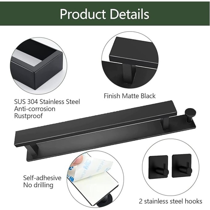 Hand Towel Bar Self Adhesive,Thicken SUS304 Stainless Steel Bathroom Towel Holder, Towel Rod for Bathroom Heavy Duty Wall Mounted Towel Rack Hanger (15.7IN, Black)(Size:40cm,Color:Black)