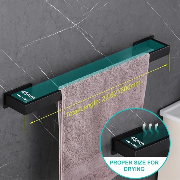 Self-Adhesive Bathroom Towel Bar for Wall Mounted and Drill Free Towel Rack Matte Black 24-Inch Towel Holder Square Sticky on Bathroom Towel Hangers Stainless Steel 2 Pack, A8310MB-L6P2