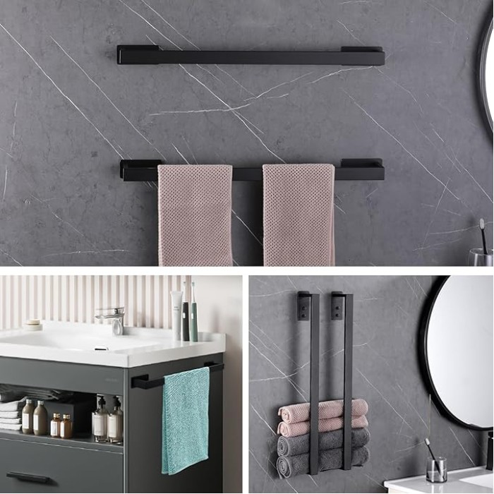 Self-Adhesive Bathroom Towel Bar for Wall Mounted and Drill Free Towel Rack Matte Black 24-Inch Towel Holder Square Sticky on Bathroom Towel Hangers Stainless Steel 2 Pack, A8310MB-L6P2