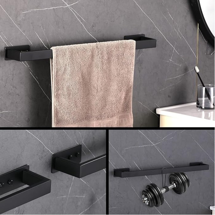 Self-Adhesive Bathroom Towel Bar for Wall Mounted and Drill Free Towel Rack Matte Black 24-Inch Towel Holder Square Sticky on Bathroom Towel Hangers Stainless Steel 2 Pack, A8310MB-L6P2