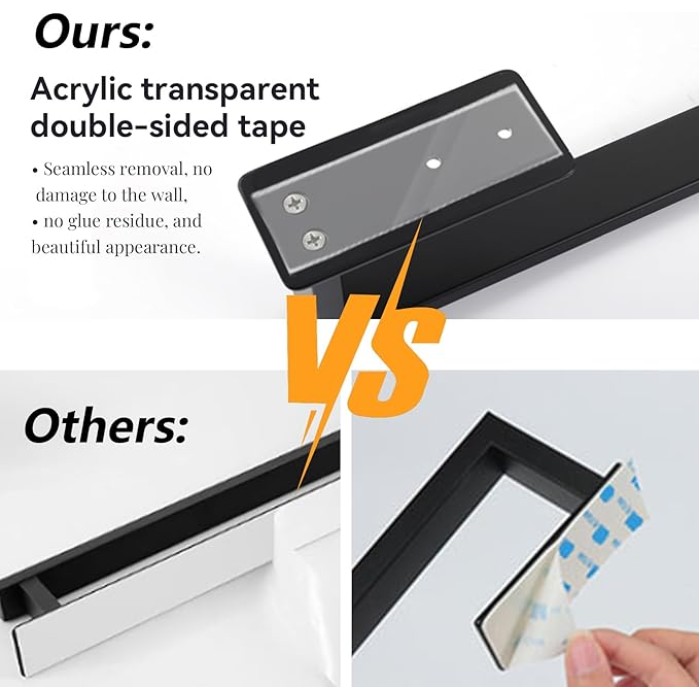 Self-Adhesive Bathroom Towel Bar for Wall Mounted and Drill Free Towel Rack Matte Black 24-Inch Towel Holder Square Sticky on Bathroom Towel Hangers Stainless Steel 2 Pack, A8310MB-L6P2