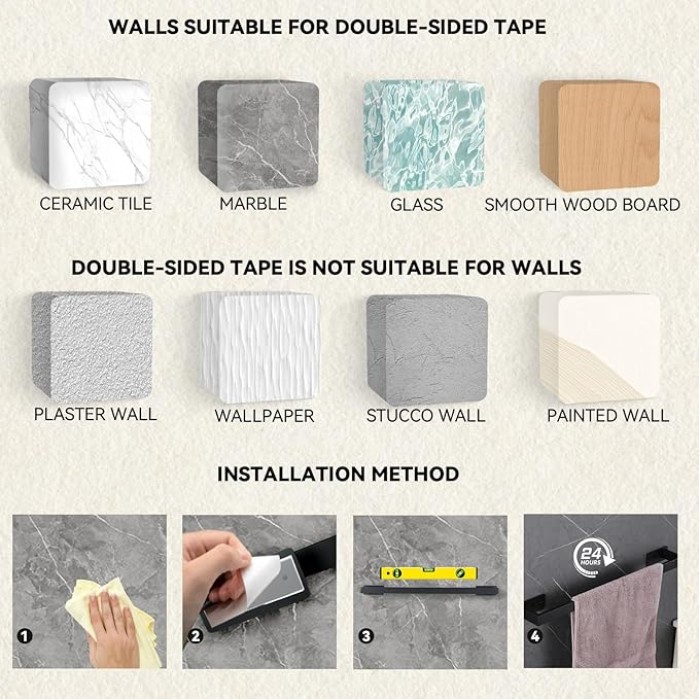Self-Adhesive Bathroom Towel Bar for Wall Mounted and Drill Free Towel Rack Matte Black 24-Inch Towel Holder Square Sticky on Bathroom Towel Hangers Stainless Steel 2 Pack, A8310MB-L6P2