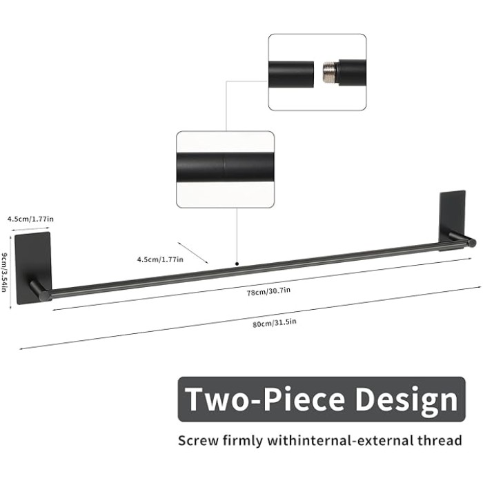 Towel Rail Self Adhesive, 80cm Black Bathroom Towel Holder, Stick-on Wall Mounted Towel Rack, SUS304 Stainless Steel, No Drilling
