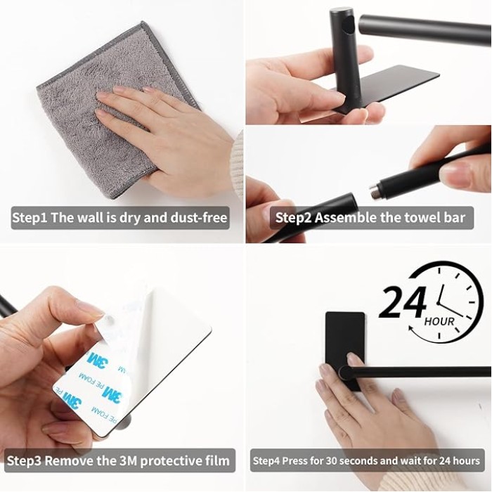 Towel Rail Self Adhesive, 80cm Black Bathroom Towel Holder, Stick-on Wall Mounted Towel Rack, SUS304 Stainless Steel, No Drilling