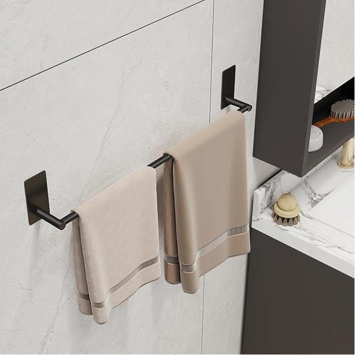 Towel Rail Self Adhesive, 80cm Black Bathroom Towel Holder, Stick-on Wall Mounted Towel Rack, SUS304 Stainless Steel, No Drilling