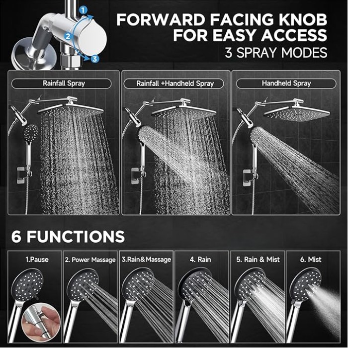 11.8 Inch Rain Shower Head with 6 Modes Handheld Water Spray,Wide Showerhead Combo with Extension Arm-housewarming gifts,1.8gpm Dual Shower with Anti-Clog Nozzles,Silver Chrome