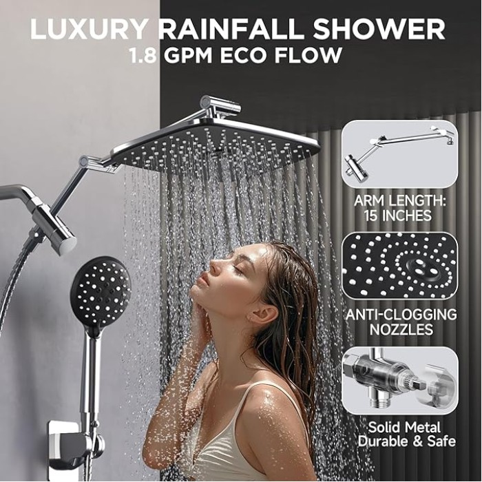 11.8 Inch Rain Shower Head with 6 Modes Handheld Water Spray,Wide Showerhead Combo with Extension Arm-housewarming gifts,1.8gpm Dual Shower with Anti-Clog Nozzles,Silver Chrome
