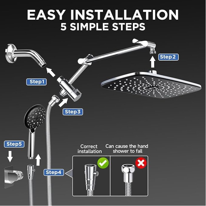 11.8 Inch Rain Shower Head with 6 Modes Handheld Water Spray,Wide Showerhead Combo with Extension Arm-housewarming gifts,1.8gpm Dual Shower with Anti-Clog Nozzles,Silver Chrome
