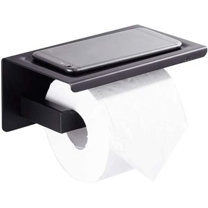 Black Toilet Paper Holder Adhesive, Toilet Paper Holder with Shelf, Adhesive no Drill Wall Mounted