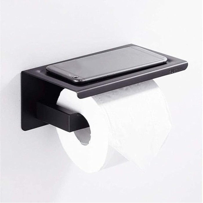 Black Toilet Paper Holder Adhesive, Toilet Paper Holder with Shelf, Adhesive no Drill Wall Mounted