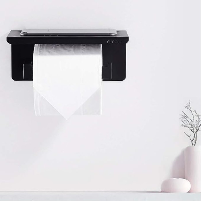 Black Toilet Paper Holder Adhesive, Toilet Paper Holder with Shelf, Adhesive no Drill Wall Mounted