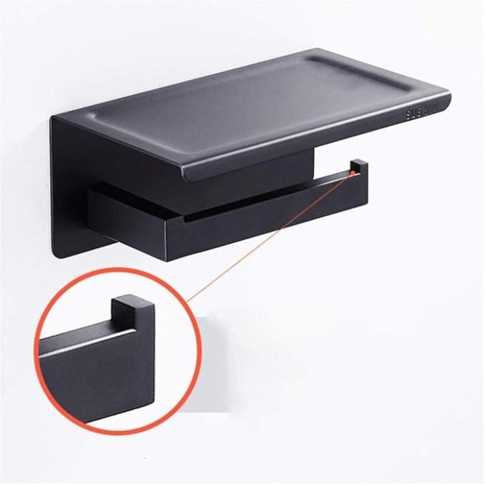 Black Toilet Paper Holder Adhesive, Toilet Paper Holder with Shelf, Adhesive no Drill Wall Mounted
