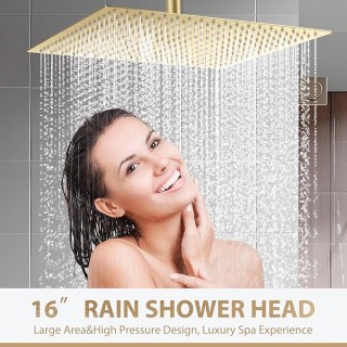 16 Inch Brushed Gold Ultra Large Rain Shower Head, High Pressure Stainless Steel, Square Rainfall Showerhead, Ceiling Mounted Waterfall Shower for Full Body Coverage,ultra thin,Luxury Spa Experience