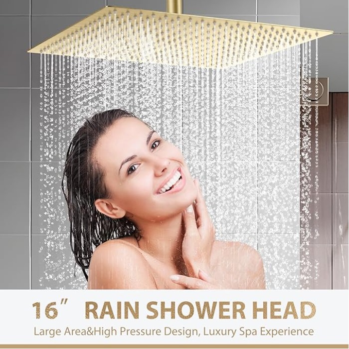 16 Inch Brushed Gold Ultra Large Rain Shower Head, High Pressure Stainless Steel, Square Rainfall Showerhead, Ceiling Mounted Waterfall Shower for Full Body Coverage,ultra thin,Luxury Spa Experience
