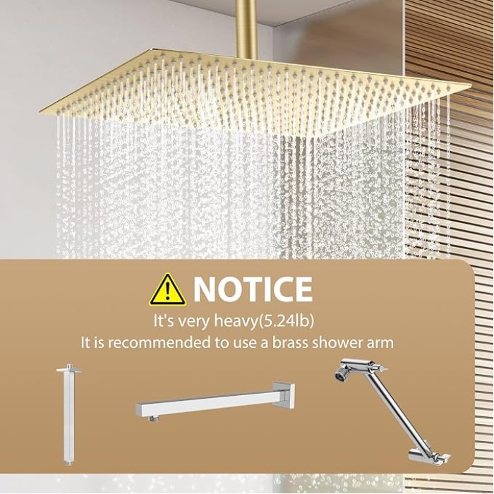 16 Inch Brushed Gold Ultra Large Rain Shower Head, High Pressure Stainless Steel, Square Rainfall Showerhead, Ceiling Mounted Waterfall Shower for Full Body Coverage,ultra thin,Luxury Spa Experience