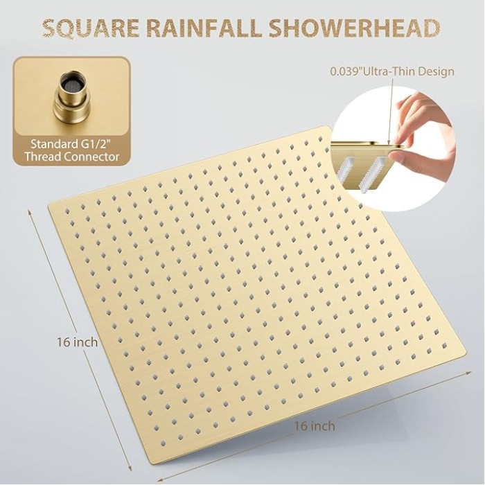 16 Inch Brushed Gold Ultra Large Rain Shower Head, High Pressure Stainless Steel, Square Rainfall Showerhead, Ceiling Mounted Waterfall Shower for Full Body Coverage,ultra thin,Luxury Spa Experience