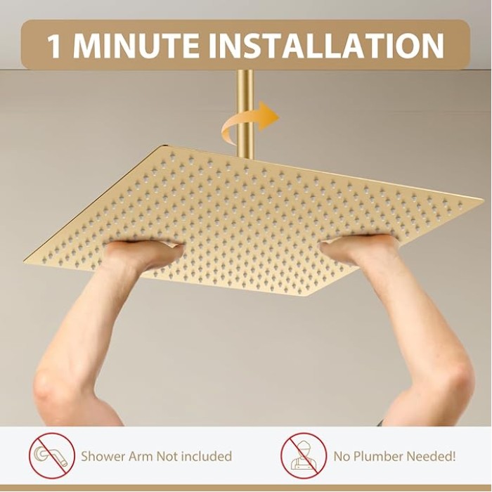 16 Inch Brushed Gold Ultra Large Rain Shower Head, High Pressure Stainless Steel, Square Rainfall Showerhead, Ceiling Mounted Waterfall Shower for Full Body Coverage,ultra thin,Luxury Spa Experience