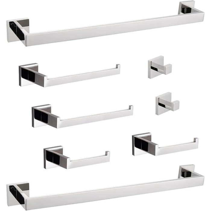 8-Piece Bathroom Hardware Set, Modern Stainless Steel, for Multiple Spaces, Chrome Finish