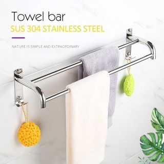 Modern Nordic Style Silver Towel Rod with Hooks Wall Mounted Bathroom Towel Rail Bar SUS304 Stainless Steel Double Towel Rack Kitchen Dish Cloths Hanger Polished Finish 70cm