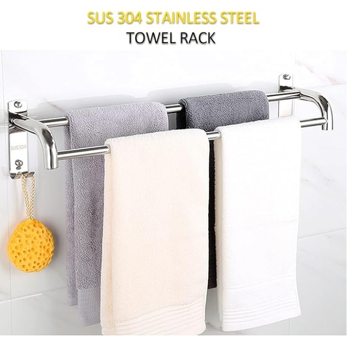 Modern Nordic Style Silver Towel Rod with Hooks Wall Mounted Bathroom Towel Rail Bar SUS304 Stainless Steel Double Towel Rack Kitchen Dish Cloths Hanger Polished Finish 70cm