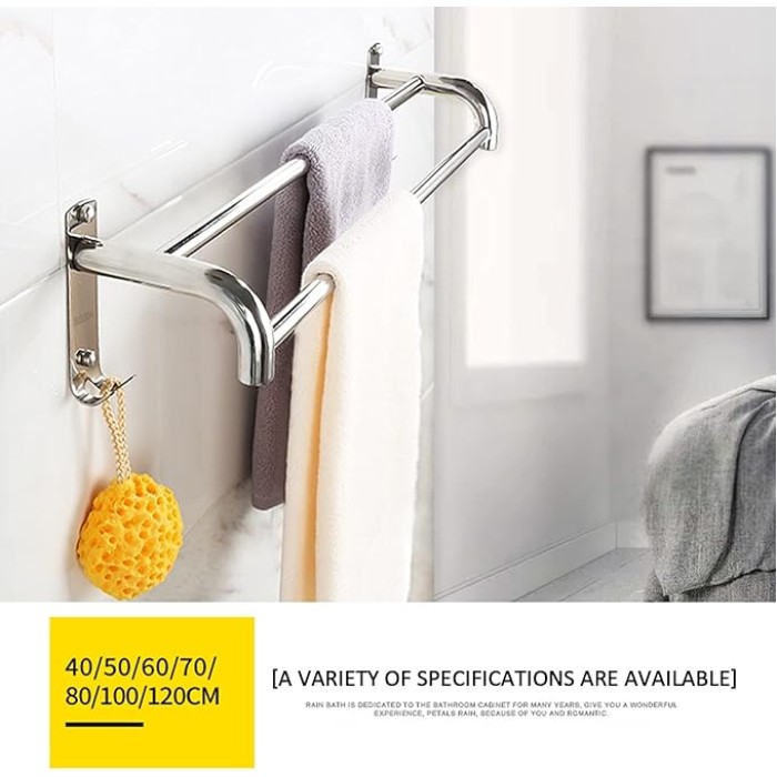 Modern Nordic Style Silver Towel Rod with Hooks Wall Mounted Bathroom Towel Rail Bar SUS304 Stainless Steel Double Towel Rack Kitchen Dish Cloths Hanger Polished Finish 70cm