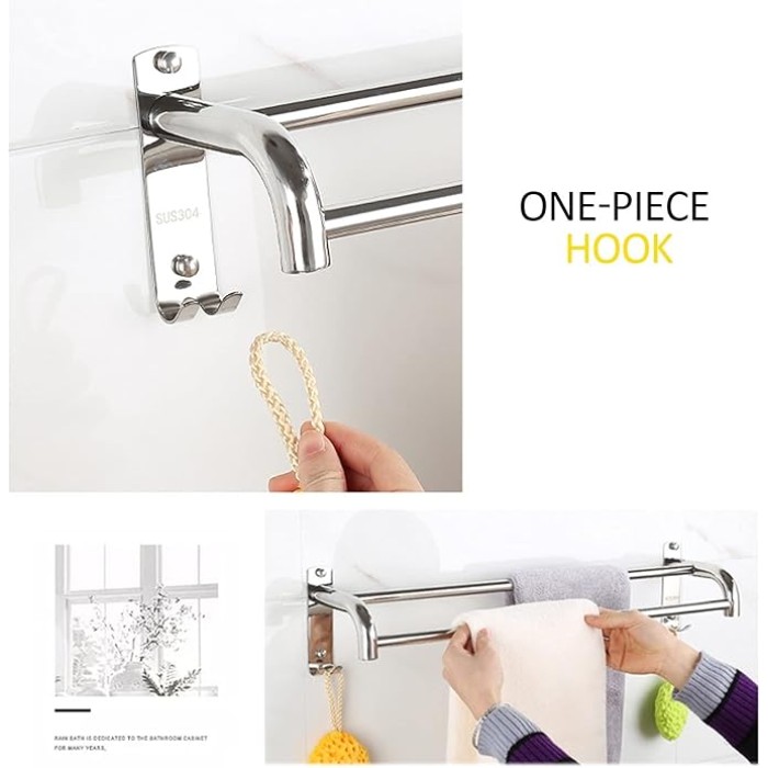 Modern Nordic Style Silver Towel Rod with Hooks Wall Mounted Bathroom Towel Rail Bar SUS304 Stainless Steel Double Towel Rack Kitchen Dish Cloths Hanger Polished Finish 70cm
