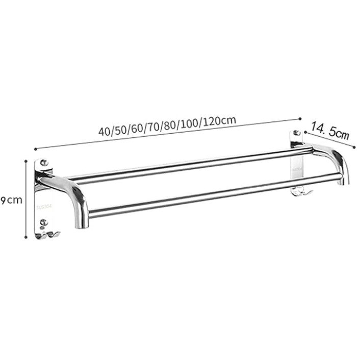 Modern Nordic Style Silver Towel Rod with Hooks Wall Mounted Bathroom Towel Rail Bar SUS304 Stainless Steel Double Towel Rack Kitchen Dish Cloths Hanger Polished Finish 70cm