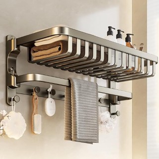 Aluminium Wall with Double Bar and Hooks Self Adhesive Bathroom and Kitchen Towel Rail