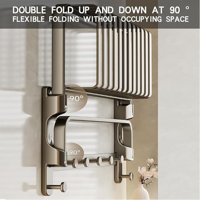 Aluminium Wall with Double Bar and Hooks Self Adhesive Bathroom and Kitchen Towel Rail