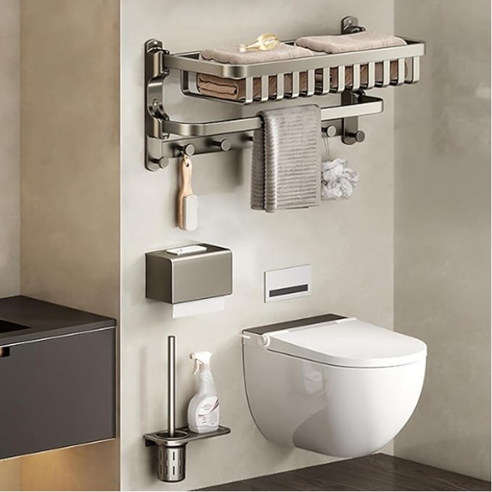 Aluminium Wall with Double Bar and Hooks Self Adhesive Bathroom and Kitchen Towel Rail