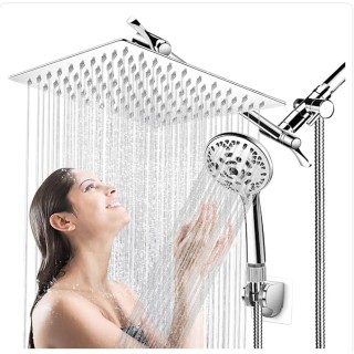Shower Head, 8'' High Pressure Rainfall Shower Head/Handheld Showerhead Combo with 11” Extension Arm, Anti-leak Shower Head with Holder/Hose, Flow Regulator (Chrome)
