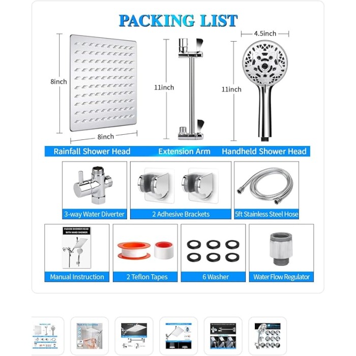 Shower Head, 8'' High Pressure Rainfall Shower Head/Handheld Showerhead Combo with 11” Extension Arm, Anti-leak Shower Head with Holder/Hose, Flow Regulator (Chrome)