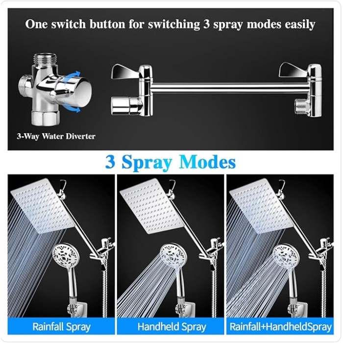 Shower Head, 8'' High Pressure Rainfall Shower Head/Handheld Showerhead Combo with 11” Extension Arm, Anti-leak Shower Head with Holder/Hose, Flow Regulator (Chrome)