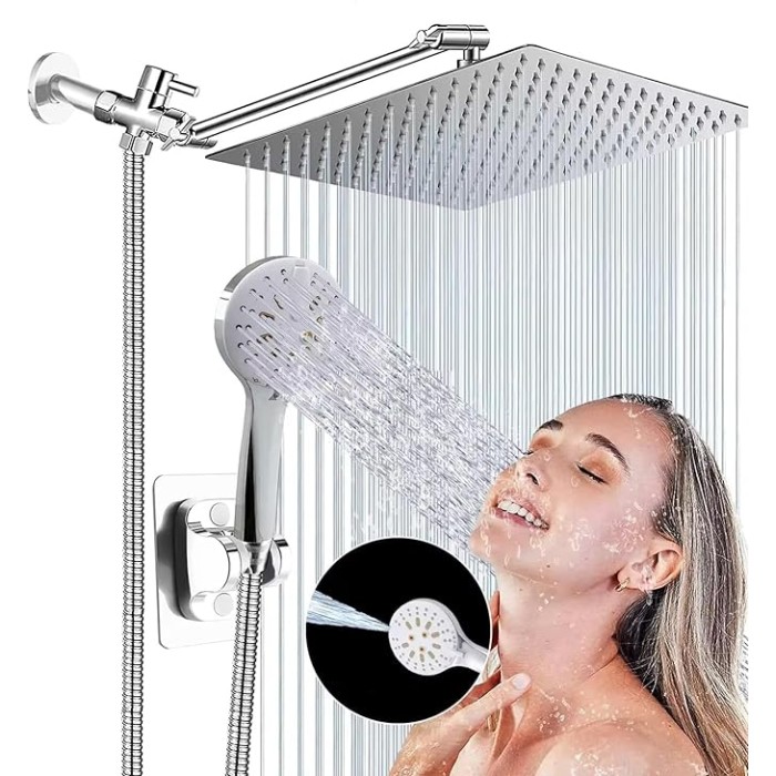 Shower Head, 8'' High Pressure Rainfall Shower Head/Handheld Showerhead Combo with 11” Extension Arm, Anti-leak Shower Head with Holder/Hose, Flow Regulator (Chrome)