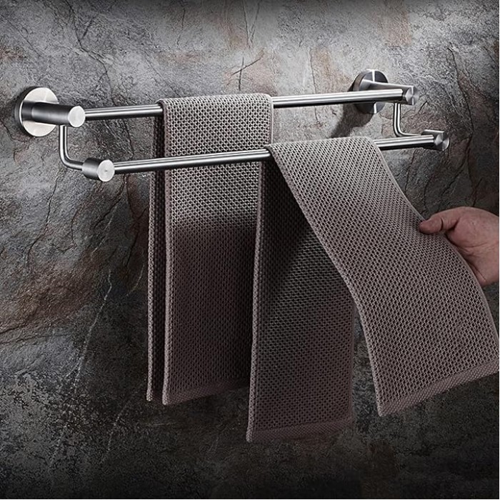 Towel Holder Double Rod Towel Hanger Stainless Steel Towel Rail Wall Mounted Adhesive No Drilling for Bathroom Toilet,Chrome,60Cm Bathroom,Brushed50Cm